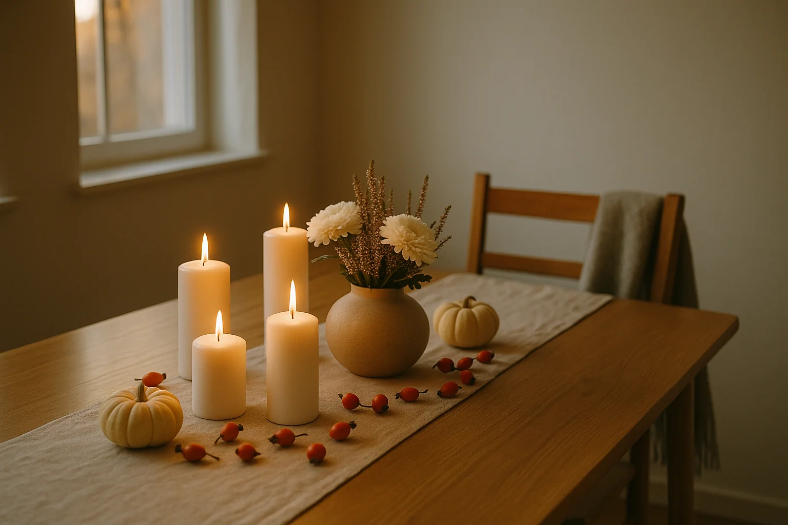 Tavola in stile nordico con candele bianche, bouquet autunnale e runner di lino per Ognissanti